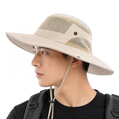 【新品】 [Favoreal] サファリハット メンズ 夏 9.5cmつば広 UVカットUPF50+ メッシュ通気性 紐付き 軽量 日焼け防止 アウトドア 農作業 釣り 登山 熱中症対策(カーキ) 1