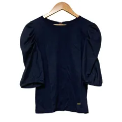 美品 BLUE LABEL CRESTBRIDGE ブルーレーベルクレストブリッジ シアーパフスリーブ バックリボン ブラウス サイズ38 ネイビー レディース 古着 中古 USED