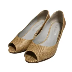 美品 Sergio Rossi セルジオロッシ 型押し レザー オープントゥ パンプス 35 1/2 約22.5cm ブラウン レディース 古着 中古 USED