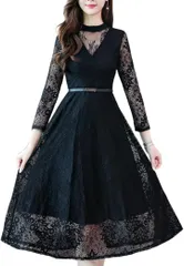 グリーンパキラ 結婚式 ワンピース ドレス レディース 長袖 フォーマルワンピース お呼ばれ レース オケージョン お宮参り パーティードレス 膝下丈 ロング 丸首 (ブラック,  2L)