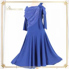 社交ダンス 衣装 スタンダード ドレス ワンピース レッスンウェア パーティドレス レディース 青 ラインストーン Leirena レイリーナ ブルー系 気品 伸縮性 光沢 ラインストーン コサージュ アクセント レディースファッション ダンスウェア