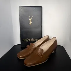 極美品 イヴサンローラン YSL Yves Saint Laurent ローファー スクエアトゥ パンプス レザー ベルトデザイン 35 22cm ブラウン 茶色