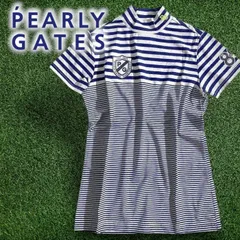 パーリーゲイツ ゴルフ 日本製 ソルディフェンダー 接触冷感 エンブレムプリント ボーダー柄 モックネック 半袖 カットソー インナー Tシャツ ゴルフウェア レディース 055-2267704 定価1.4万 ブルー ライトグレー ▲016▼50506w01