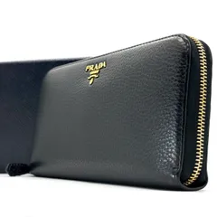 【美しく整う収納力】　PRADA　長財布 ラウンドファスナー レザー ゴールドロゴ 12カード収納 ロングウォレット　ブラック