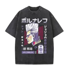 アニメ ジョジョ ジャン・ピエール・ポルナレフ プリント Tシャツ 黄金の風 ヴィンテージ加工 半袖 メンズ 水洗い ストリート カジュアル ブラックQ02337