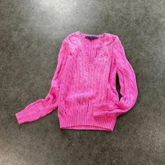00s RALPH LAUREN SPORTS Cable Chain Knit Sweater ラルフローレン ケーブルニット チェーン セーター Vネック ワンポイント刺繍 コットン ピンク レディース