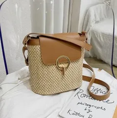 ＜在庫処分＞斜めがけ 草編みバッグ 手提げバッグ 編み込み ヴィンテージ風 バケツ型 レディース ブラウン　bu１