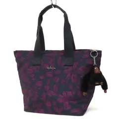 WL25093 美品 kipling キプリング 保冷 トートバッグ ハンドバッグ 舟形 ナイロン リーフ柄 総柄 肩掛け ゴリラチャーム付き 紺紫×黒