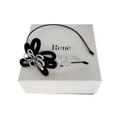 美品 Rene ルネ ビジュー フラワーモチーフ カチューシャ ヘアアクセサリー 箱付き ブラック×ホワイト レディース 古着 中古 USED