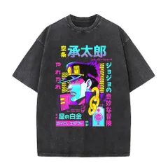 アニメ ジョジョ 空条承太郎 プリント Tシャツ ヴィンテージ加工 半袖 メンズ 水洗い ストリート カジュアル ブラックQ02335