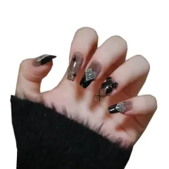 黒 成人式 24枚入 独特な台形のスタイル ロング 黒い暗夜の星空 女性おしゃれな ネイルチップ 上級 YINKE ネイルラップ