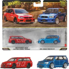 ホットウィール(Hot Wheels) プレミアム2パック 2005 三菱ランサー エボリューション IX ワゴン / 2004 スバル フォレスター STI 乗り物おもちゃ ミニカー 3歳から レッド/ブルー JHW46のサムネイル