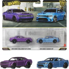 ホットウィール(Hot Wheels) プレミアム2パック 2018 ダッジ チャレンジャー SRT デーモン / 2015 ダッジ チャージャー SRT 乗り物おもちゃ ミニカー 3歳から パープル/ブルー JHW47のサムネイル