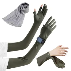 【新品】 [fortulux] アームカバー 冷感 【スマートウォッチ対応/冷感スカーフ付き】 ロング丈 指先＆手首オープン UVカット 日焼け対策 UPF50+ 03 (グリーン) 0