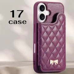 新品　iPhone17用ケース　多機能スマホケース　フリーポケット　カード収納　手帳型　ミラー付き　スタンド  大人可愛い  保護ケース　パープル