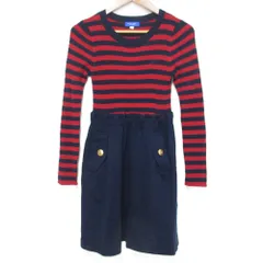 美品 BLUE LABEL CRESTBRIDGE ブルーレーベルクレストブリッジ ボーダー柄 ニットドッキング ひざ丈 ワンピース 36 ネイビー×レッド レディース 古着 中古 USED