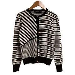 良品 Lauren Ralph Lauren ローレンラルフローレン アシンメトリー ボーダー カーディガン XS ブラック ホワイト レディース 古着 中古 USED