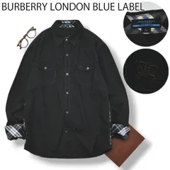 バーバリー ブルーレーベル BURBERRY BLUE LABEL 長袖 コットン シャツ ノバチェック 切替 ダブルポケット ナイト ロゴ 刺繍 ラウンドヘム L ブラック ブリティッシュ メンズ