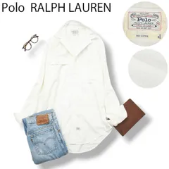 90s ヴィンテージ USA製 ポロ ラルフローレン POLO RALPH LAUREN 長袖 リネンライク コットン シャツ レギュラーカラー ダブルポケット ラウンドヘム M ホワイト メンズ