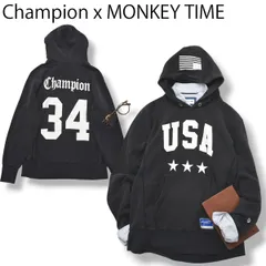 チャンピオン Champion x モンキータイム MONKEY TIME トリコタグ 復刻 リバースウィーブ REVERSE WEAVE USA 星条旗 プリント スウェット パーカー 裏地 パイル M グレー メンズ
