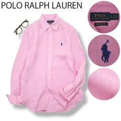 【美品】 ポロ ラルフローレン POLO RALPH LAUREN リラックスド フィット RELAXED FIT 長袖 リネン シャツ レギュラーカラー ラウンドヘム 刺繍 S ピンク メンズ