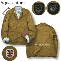 【良品】 アクアスキュータム Aquascutum UK スタンドカラー ミリタリー ワーク ジャケット L ブラウン メンズ 男性用 カジュアル 春 秋 迷彩柄 ワッペン 日本製