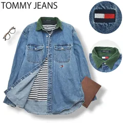 90s ヴィンテージ フラッグタグ トミージーンズ TOMMY JEANS 長袖 デニム シャツ 細畝 コーデュロイ 切替 ラウンドヘム M インディゴ x グリーン アメカジ ストリート メンズ