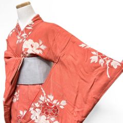 超美品 綿麻 夢工房 本染浴衣 着物 夏物 163.5裄65 朱色 薄桃色 芍薬