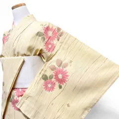 未着用　洗える着物　小紋　単衣　よろけ縦縞　菊花　菱模様　着物　016b p