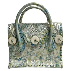 Carving Tribes(カービングトライブス) ハンドバッグ - パールホワイト×ライトブルー×ライトイエロー 花柄/型押し加工 レザー