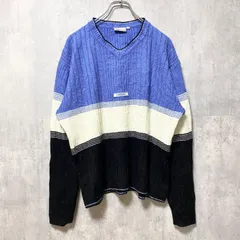 古着 used　Reebok リーボック　長袖デザインニット　セーター　ボーダー柄　Vネック　レトロ　水色　白　黒　Mサイズ