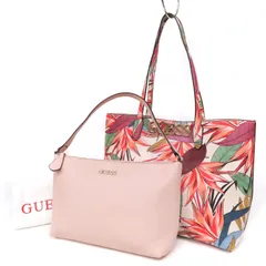 WA26279 美品 GUESS ゲス アップダウン シック バルセロナ トートバッグ ショルダーバッグ 総柄 PVC メタルロゴ ポーチ付き 赤系マルチカラー