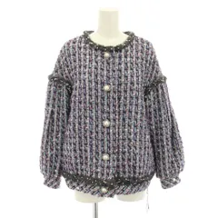 ルネ Rene ツイードジャケット ノーカラージャケット アウター チェック柄 タグ付き パール ビジュー モヘヤ混 36 青 ブルー 紫 パープル 6243878 /YTのサムネイル