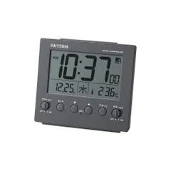 【特価商品】フィットウェーブ 9.1×10×4.5cm ダークグレー D236 カレンダー ライト 温度計 付) (スヌーズ アラーム 8RZ236SR82 ダブル 電子音 デジタル 電波時計 目覚まし時計 リズム(RHYTHM)