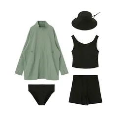 【新品】 San-ai Resort(三愛水着楽園) WEB限定5点セット バケットハット付きUVカットリブタンキニ+ラッシュガードセット水着【BeachQueen（ビーチクイーン）】 54-37-4-3700-393700 カーキ 11L 1