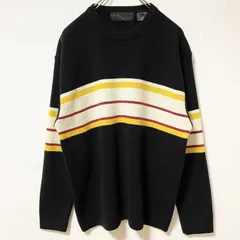 古着 used　smithandwatkins　長袖ライン入りニット　セーター　クルーネック　黒　黄色　レトロ　秋冬服