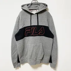 古着 used　FILA フィラ　長袖ロゴプリントパーカー　フード付きトレーナー　グレー　ブラック　秋冬服　Mサイズ