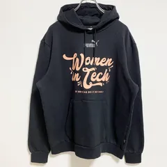 古着 used　PUMA　プーマ　長袖ロゴプリントパーカー　プルオーバー　womenintech　黒　ブラック　秋冬服　Lサイズ