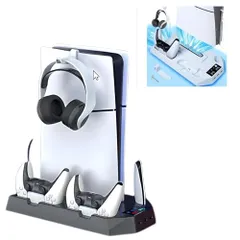 【静音冷却×収納力】PS5縦置きスタンド｜Slim/Pro対応 高回転ファン搭載 コントローラー2台同時充電 省スペース設計 本体を守る (ブラック)t