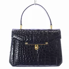2WAY ショルダー ハンドバッグ クロコ レザー エナメル加工 ゴールドカラー金具 黒 ブラック /KW ■GY18