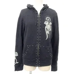 ハーレーダビッドソン HARLEY DAVIDSON バックロゴ ジップアップ スウェット パーカー スタッズ ローズ L 黒 ブラック MMT ☆AA★