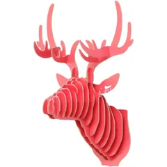 鹿 オブジェ 壁掛け インテリア 動物 3D 彫刻 飾り 壁 飾り木目 モダン ナチュラル (赤) [赤]