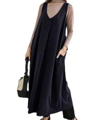 [Elixio] [エリクシオ] ワンピース ジャンパースカート ジャンスカ ロング レディース ルームウェア Vネック マキシ丈 体型カバー ゆったり 大きいサイズ レイヤード 秋 冬 (JP, アルファベット, L, ブラック) [ブラック] [L]