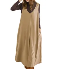[Elixio] [エリクシオ] ワンピース ジャンパースカート ジャンスカ ロング レディース ルームウェア Vネック マキシ丈 体型カバー ゆったり 大きいサイズ レイヤード 秋 冬 (JP, アルファベット, L, ベージュ) [ベージュ] [L]