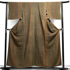 未着用　小紋　麻の葉　縦縞　カーキカラー　着物　021b p