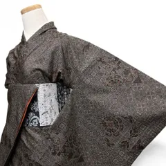 大島紬　小紋　花紋　七宝　花菱　泥染　着物　021b p