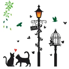 シール 壁紙 剥がせる ガラスドア ショーウインドウ 店舗 ウォールシール 玄関 廊下 リビング インテリア 黒 モノクロ 北欧 薔薇 ブラック 星 蝶 鳥 英字 柵 鳥かご 風船 (猫と街灯) 楽譜 音楽 街灯 鉢植え 黒猫 猫 ウォールステッカー
