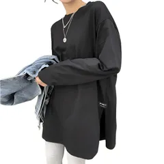 [レグエイト] 長袖 Tシャツ レディース ゆったり ロンT 無地 韓国 スリット カットソー オーバーサイズ トップス 薄手 大きい 黒 白 Uネック 夏 春 秋 (JP, アルファベット, XL, ブラック) [ブラック] [XL]