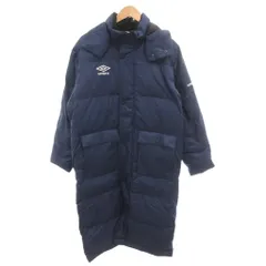 アンブロ UMBRO 美品 ロングダウンコート ベンチコート フード付き M 紺 ネイビー ロゴ刺繍 ロング丈 ■ECB001