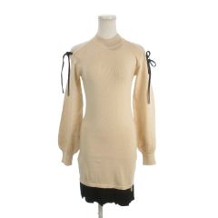 レディ Rady ミニワンピース ニット オープンショルダー 長袖 裾プリーツ リボン バイカラー F ベージュ /AH9 ■GY99